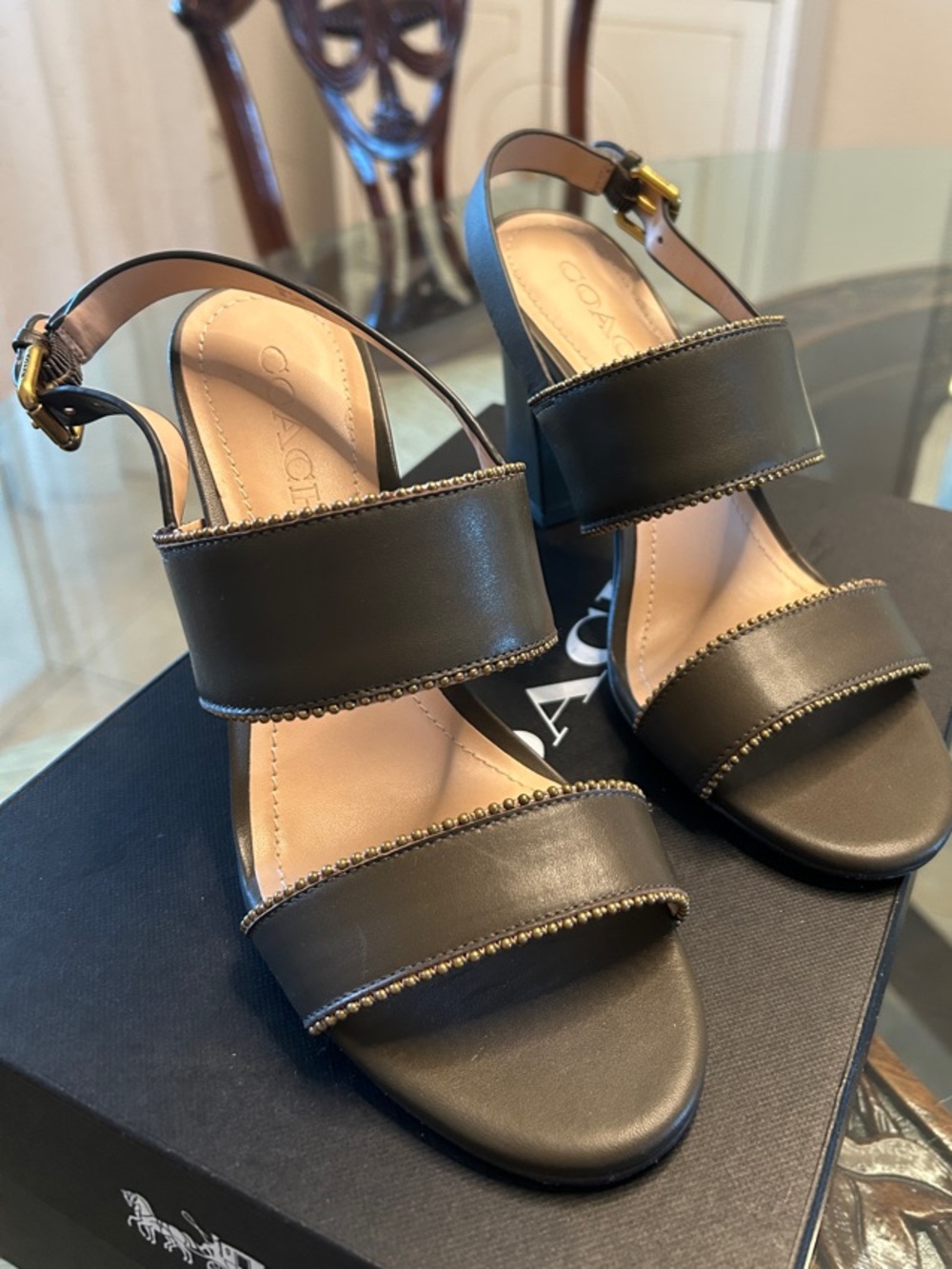 Coach Olive Leather Double-Strap Block Heel Sandals with Gold Trim